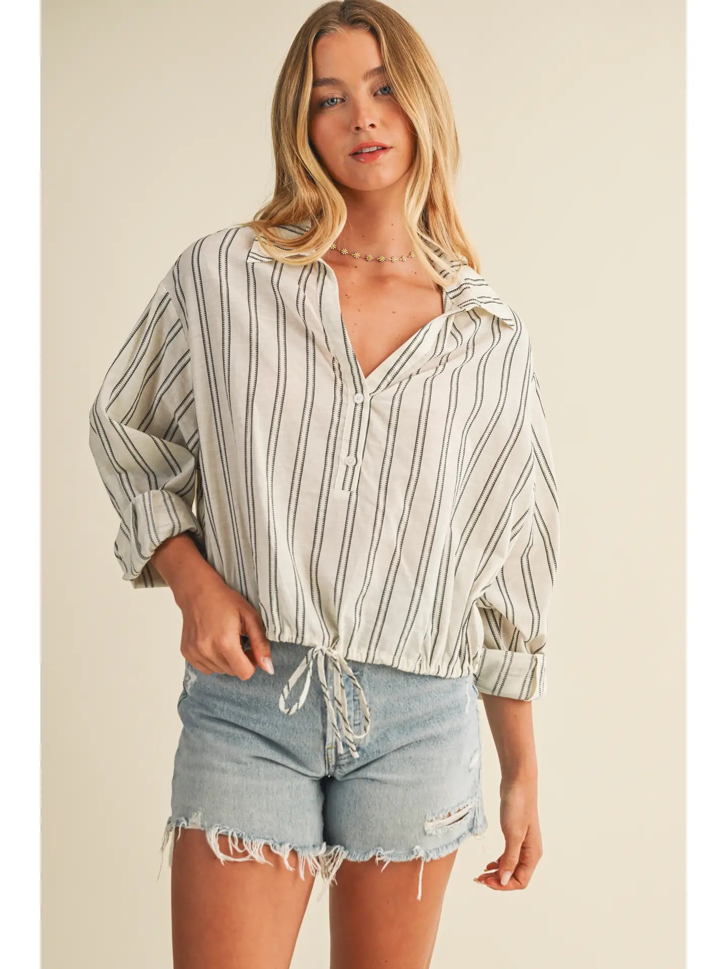 Stripe Jacquard Shirt with Drawstring