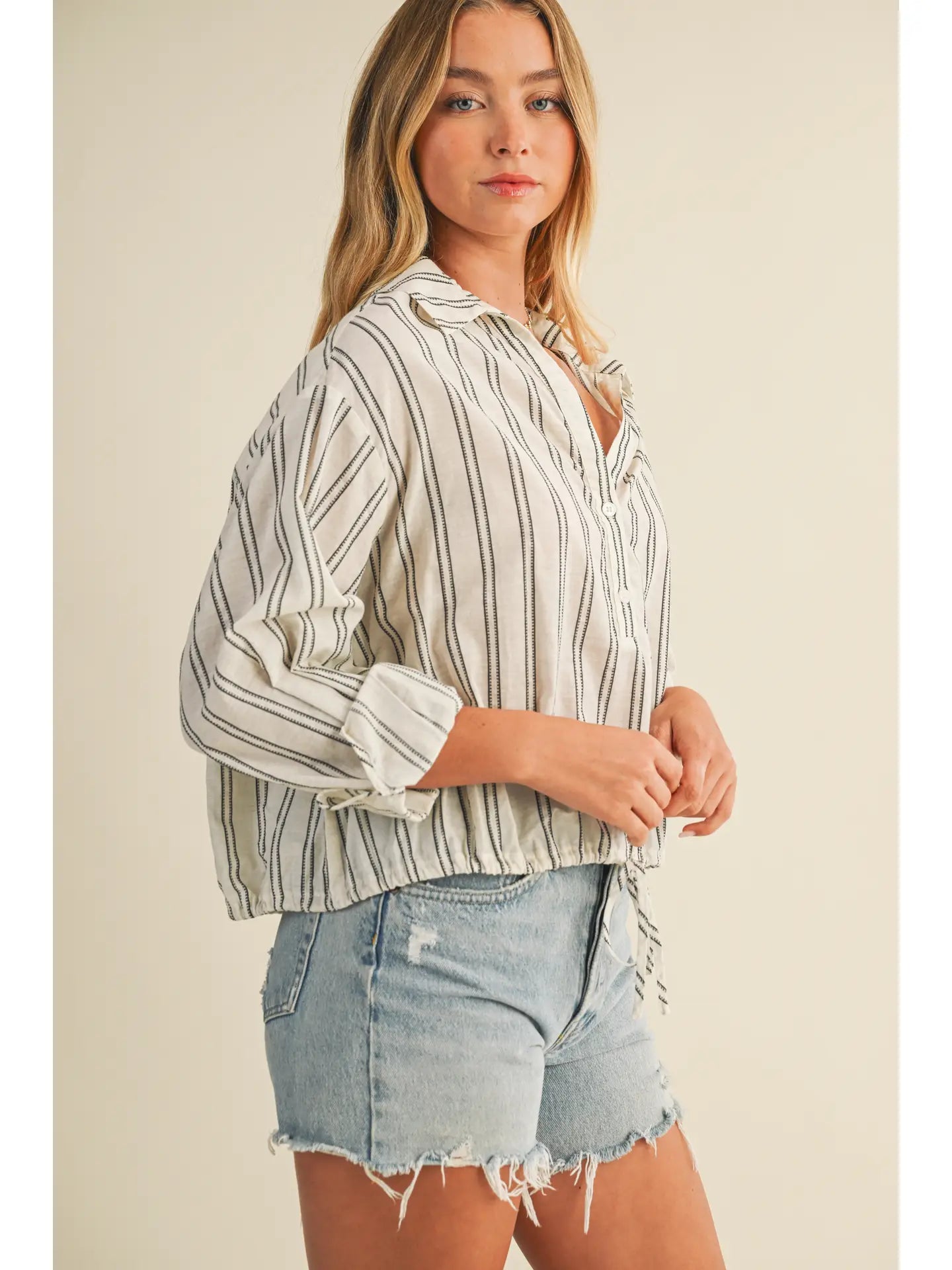 Stripe Jacquard Shirt with Drawstring