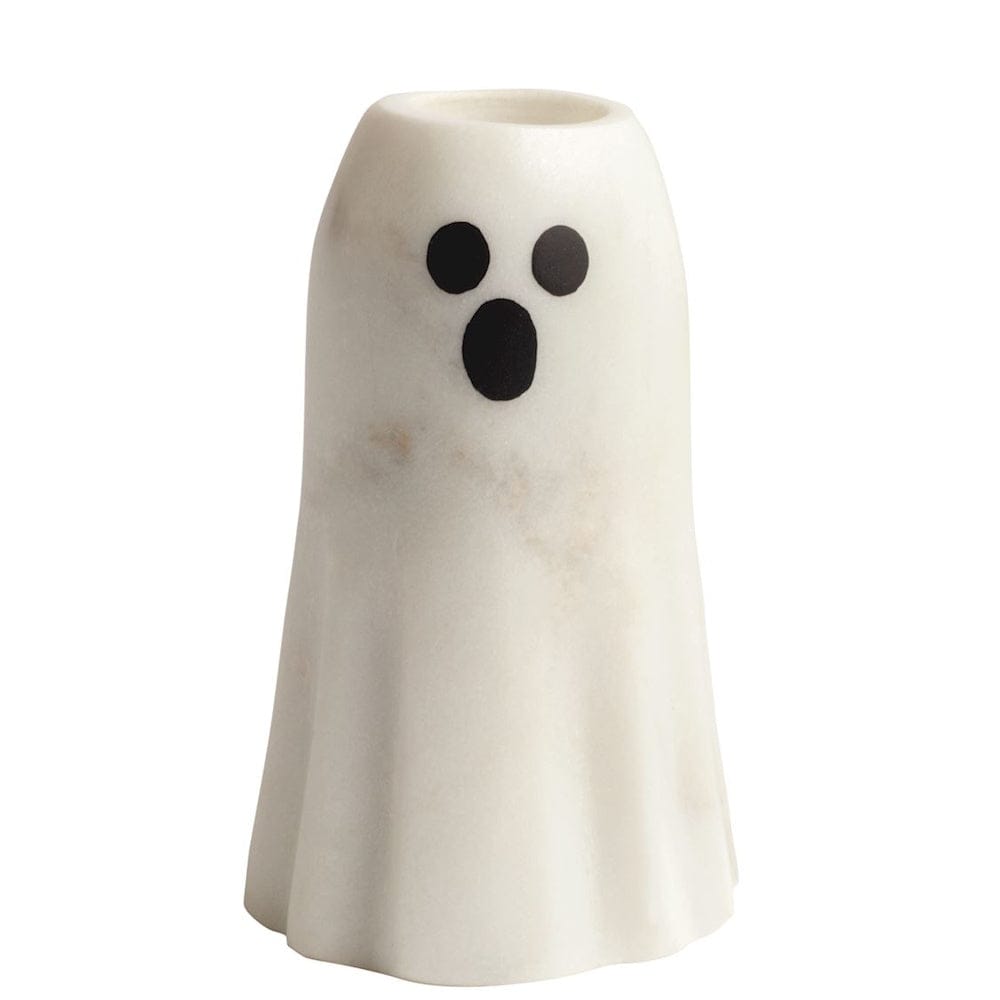 White marble ghost-shaped taper candle holder with black oval eyes and mouth, front view