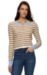 Women's cream and taupe striped cardigan with blue contrast neckline and sleeve trim