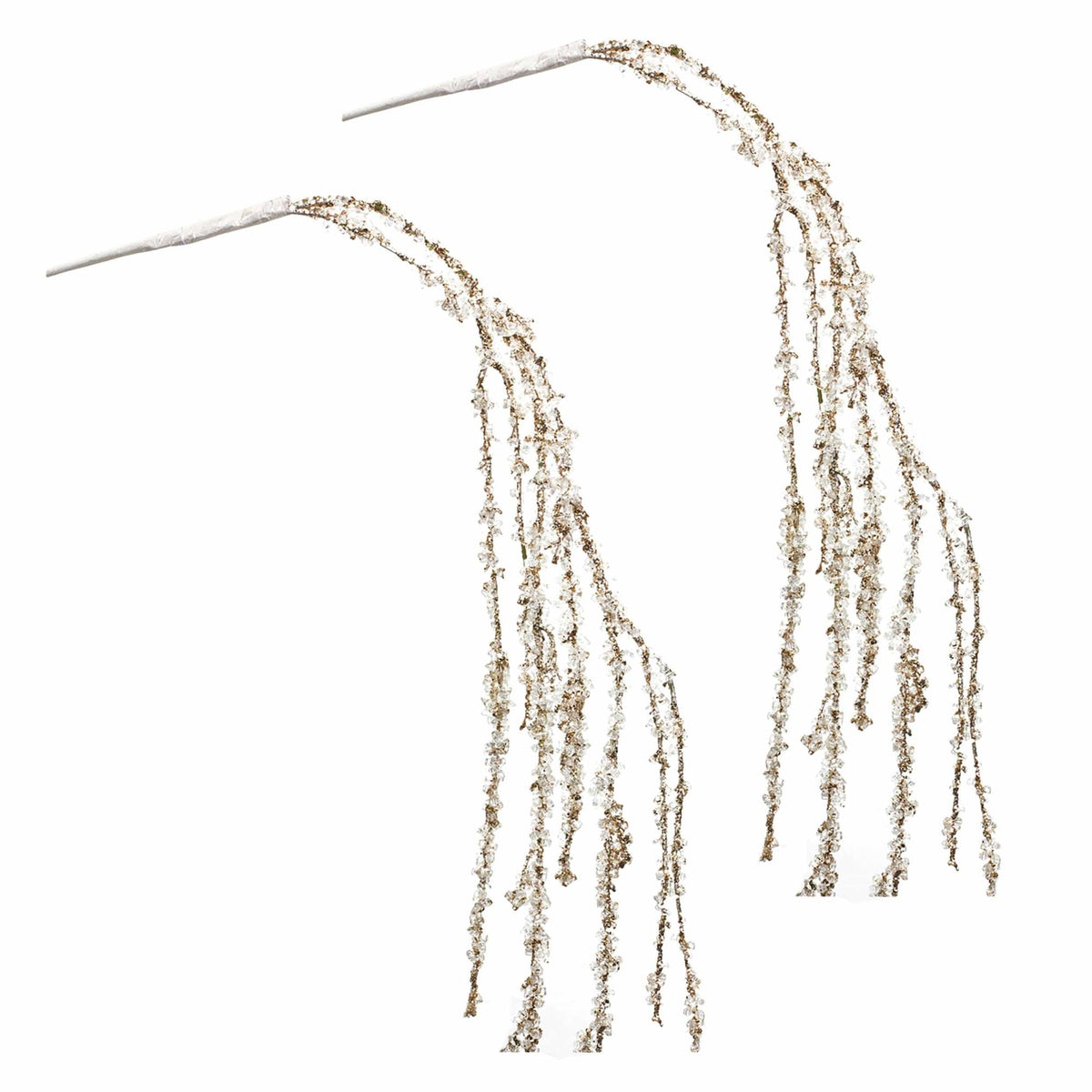 Two decorative glitter-covered branches with cascading beaded strands on white background