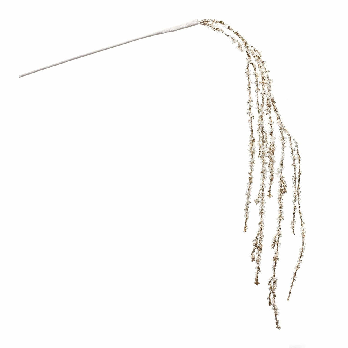 Decorative branch with cascading glittered tendrils in gold and white, side view