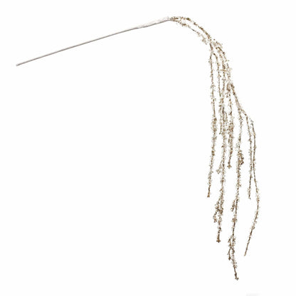 Decorative branch with cascading glittered tendrils in gold and white, side view