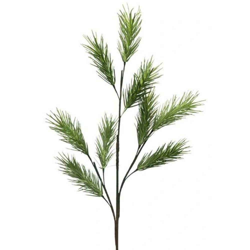 Artificial pine spray stem with multiple needle clusters on branching stems, front view