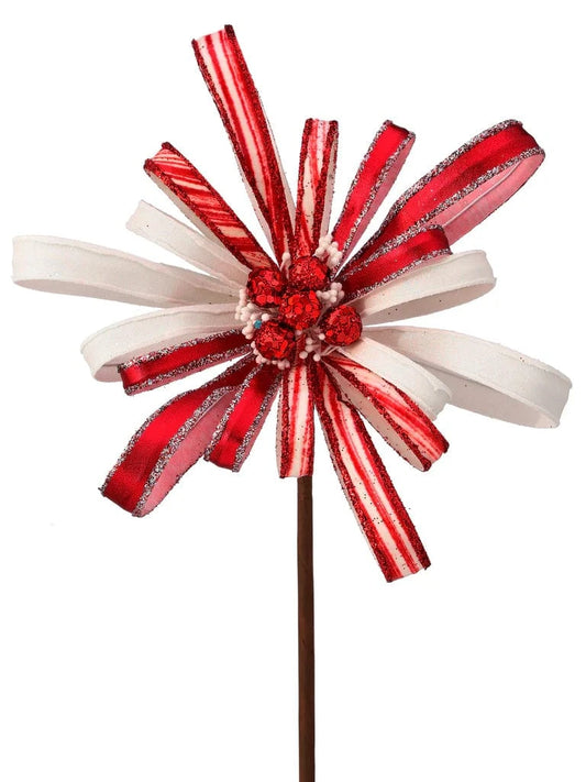 18" Red Glitter Swirl Ribbon Flower Spray