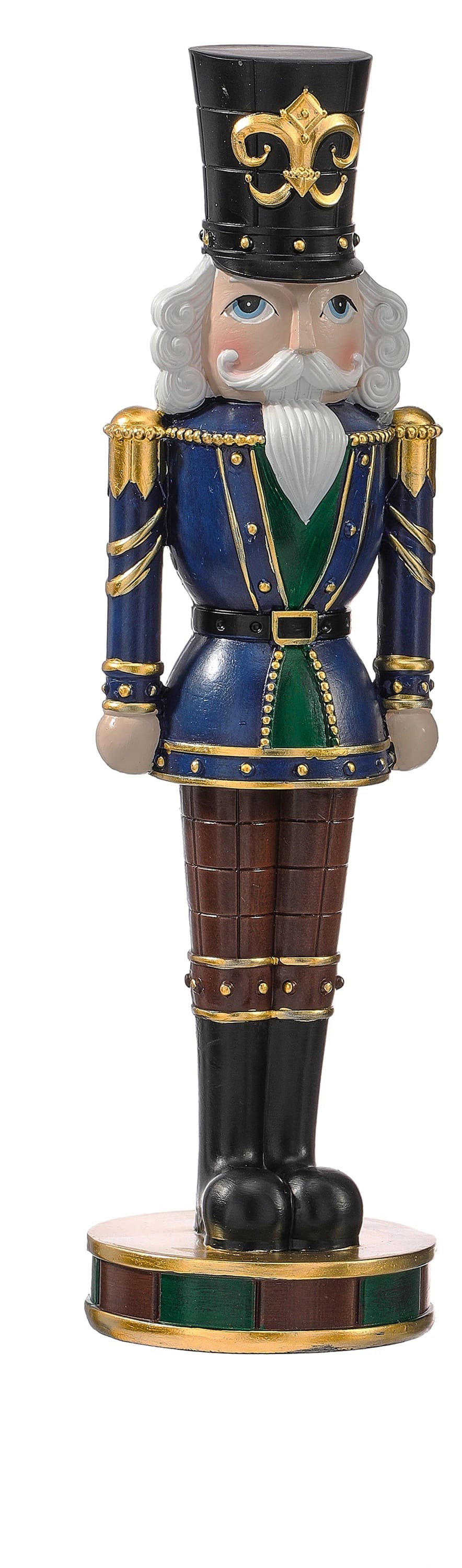 Regency 13.5-inch resin nutcracker soldier in blue coat, black hat, gold accents
