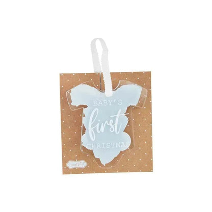 Clear acrylic onesie-shaped ornament with blue paint stroke and 'Baby's First Christmas' text, white ribbon hanger