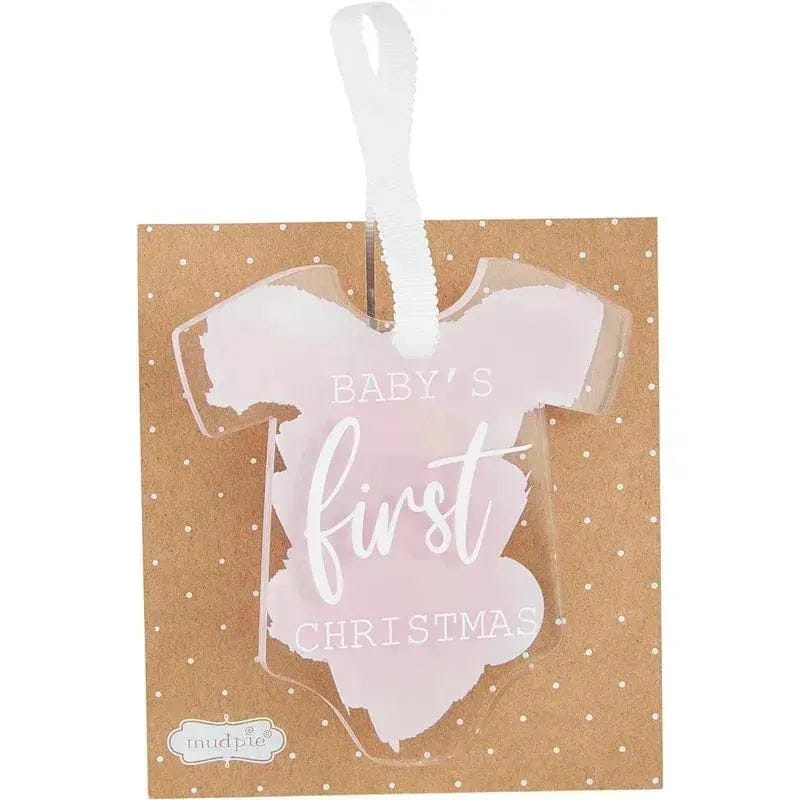 Clear acrylic onesie-shaped ornament with pink watercolor design and 'Baby's First Christmas' text, white ribbon hanger