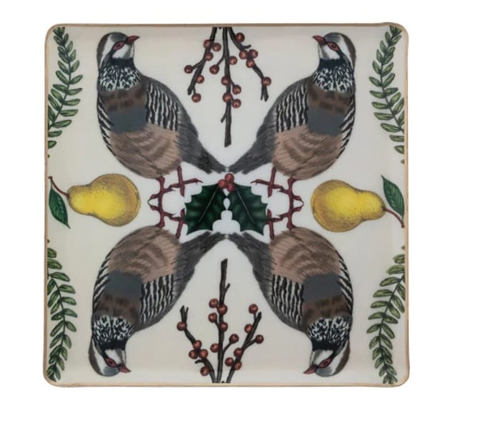 Enameled Metal Trays with Seasonal Botanicals, Birds & Gold Edges - 3 Designs