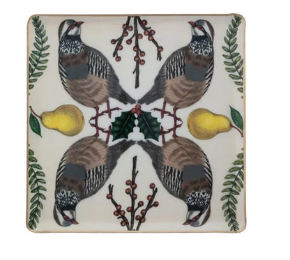 Enameled Metal Trays with Seasonal Botanicals, Birds & Gold Edges - 3 Designs