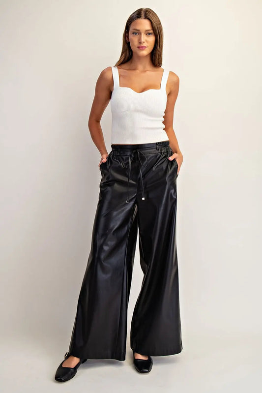 Pleather Tie Waist Wide Leg Pants