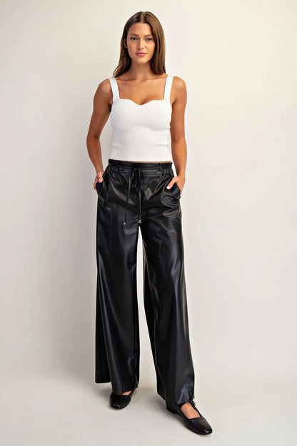 Pleather Tie Waist Wide Leg Pants