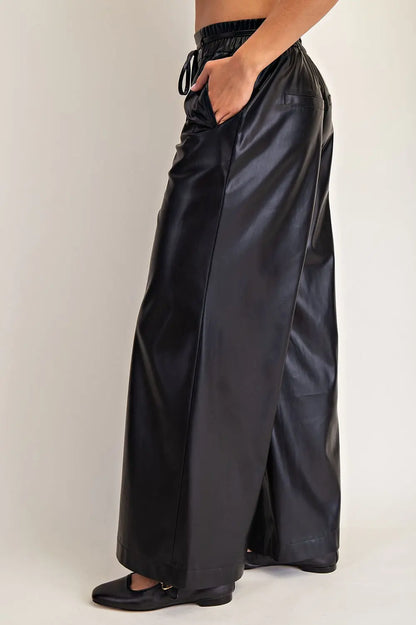 Pleather Tie Waist Wide Leg Pants