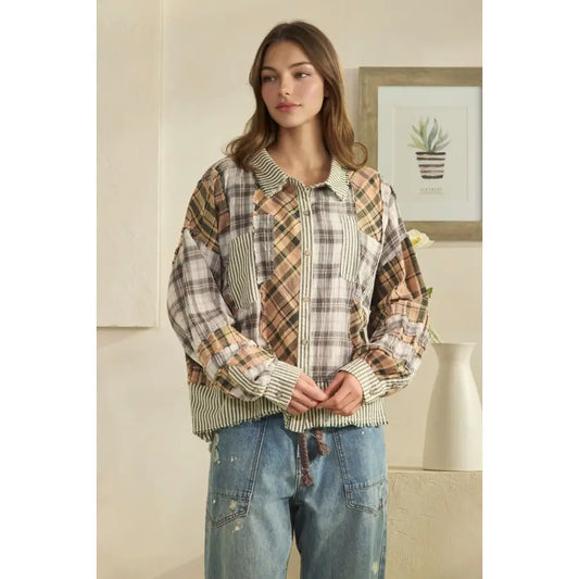 Washed patchwork plaid button-front shirt in tan brown and stripe mixed cotton