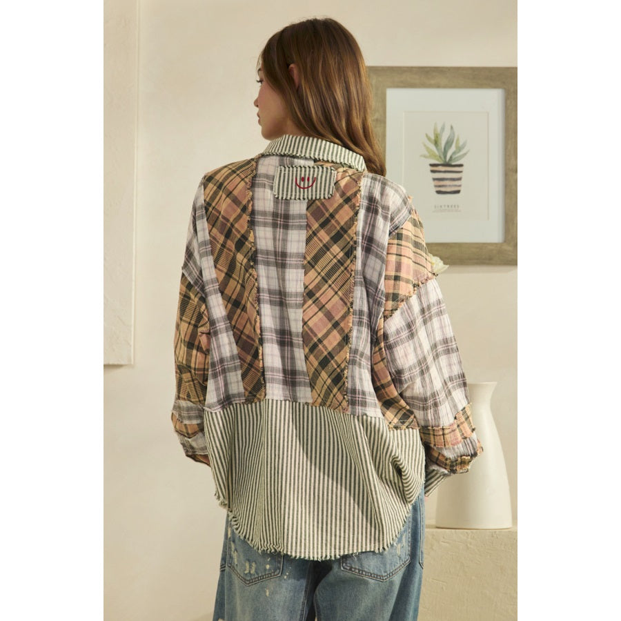 Washed patchwork plaid and stripe mixed button front shirt in tan and green