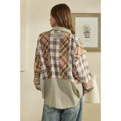 Washed patchwork plaid and stripe mixed button front shirt in tan and green
