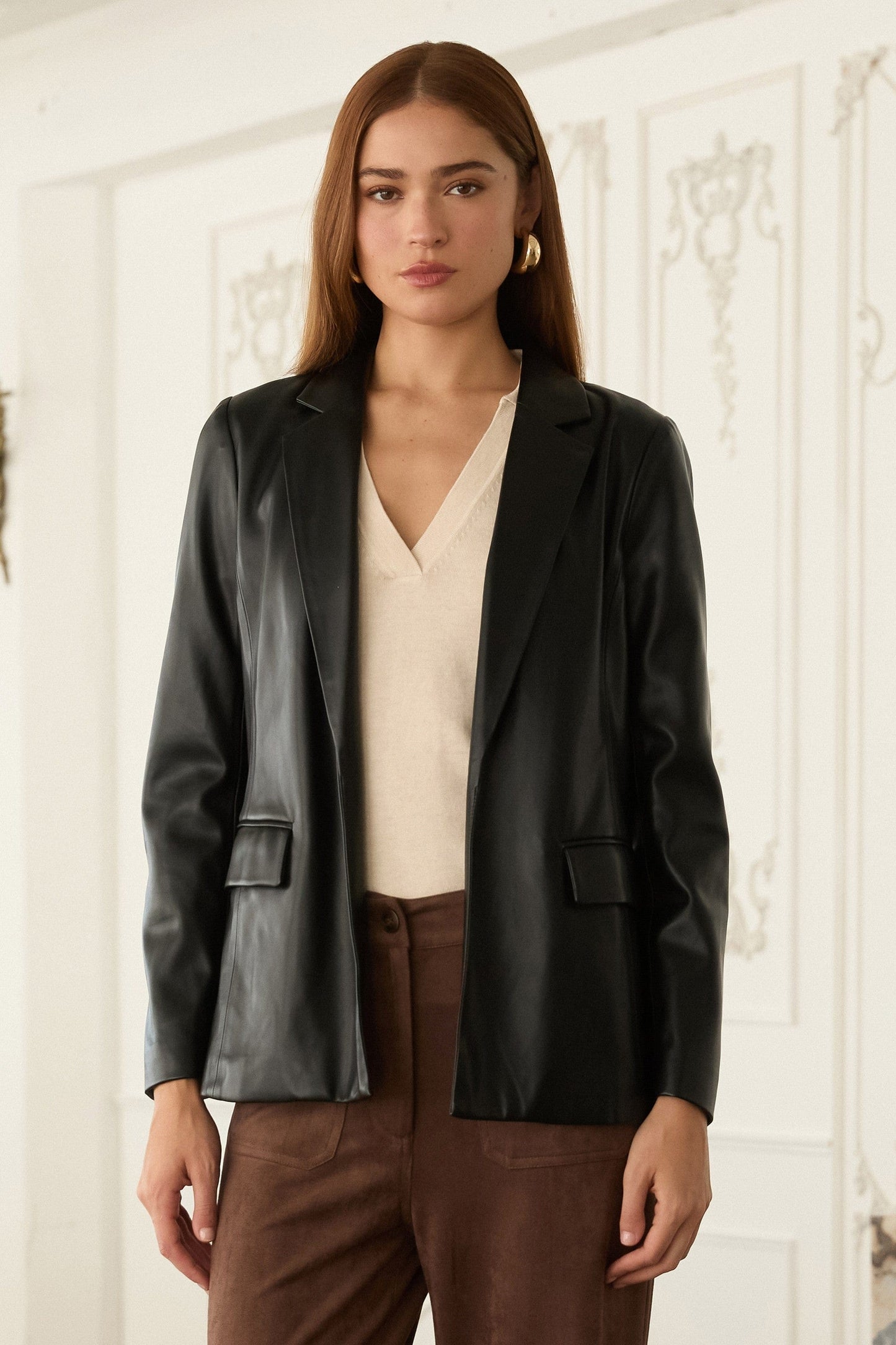 Faux Leather Open Blazer