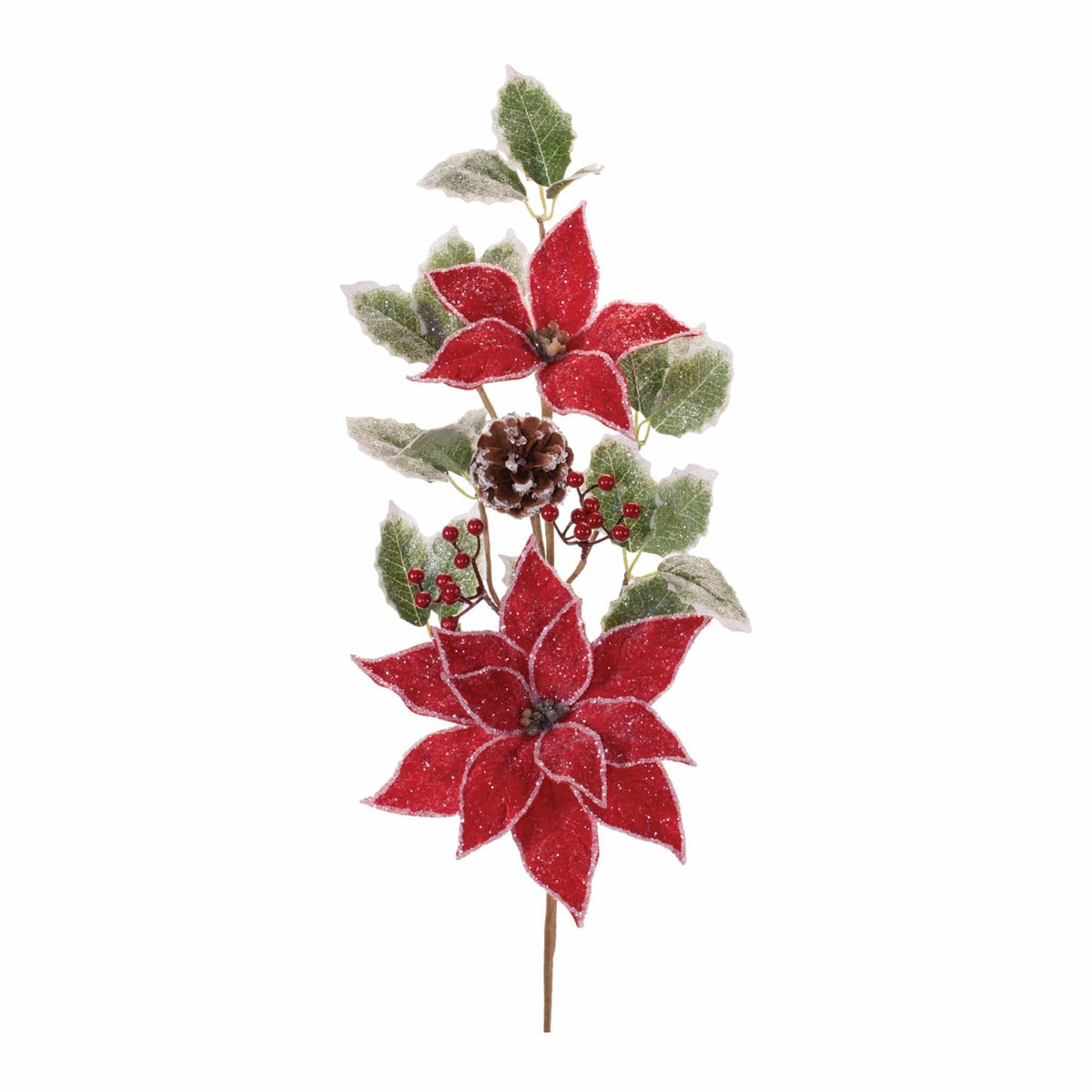 Artificial holiday spray with two red glittered poinsettias, frosted holly leaves, pinecone, and red berries