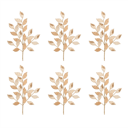 Set of six golden leaf sprays with glittered beads on thin stems, repeated pattern