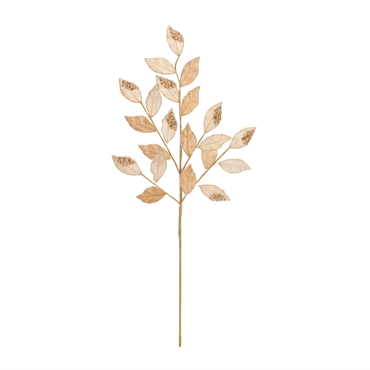 Decorative artificial leaf spray stem with glittered gold beaded leaves on a single stem