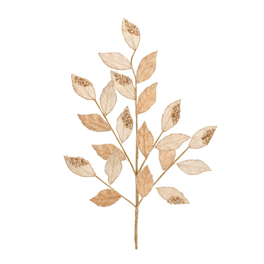 Decorative artificial leaf spray branch with glittery beaded accents on pale gold leaves
