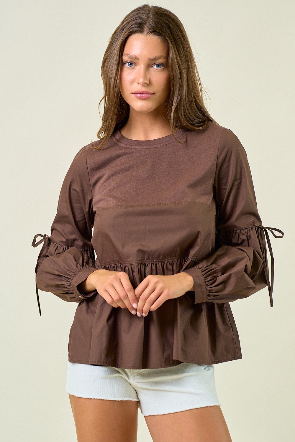 Round Neck Puff Long Sleeve Blouse