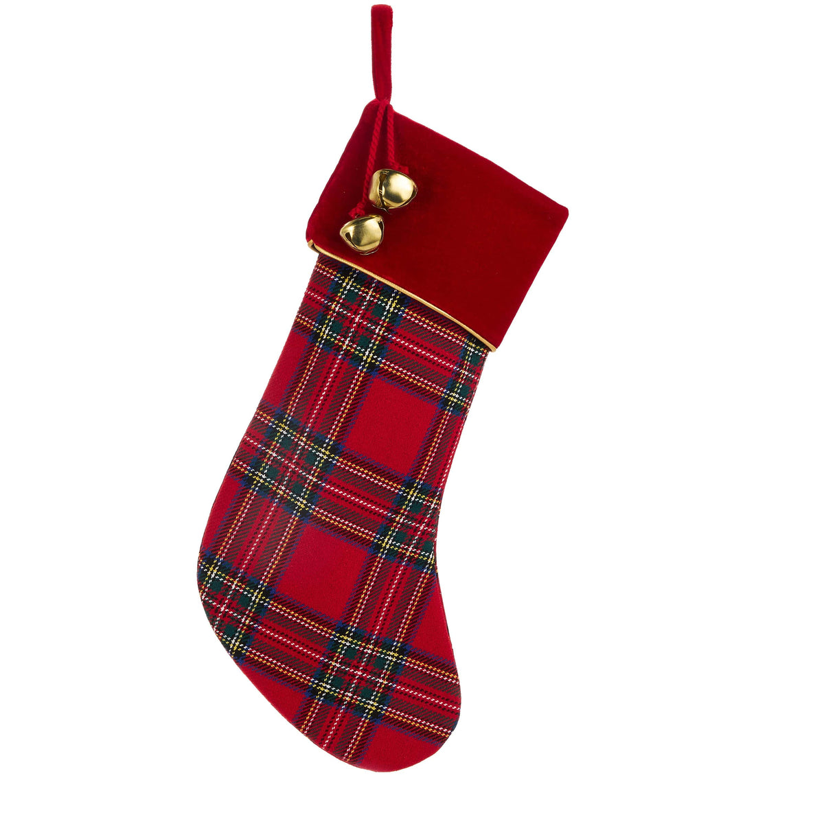 Red tartan plaid Christmas stocking with velvet cuff and two gold jingle bells, hanging view