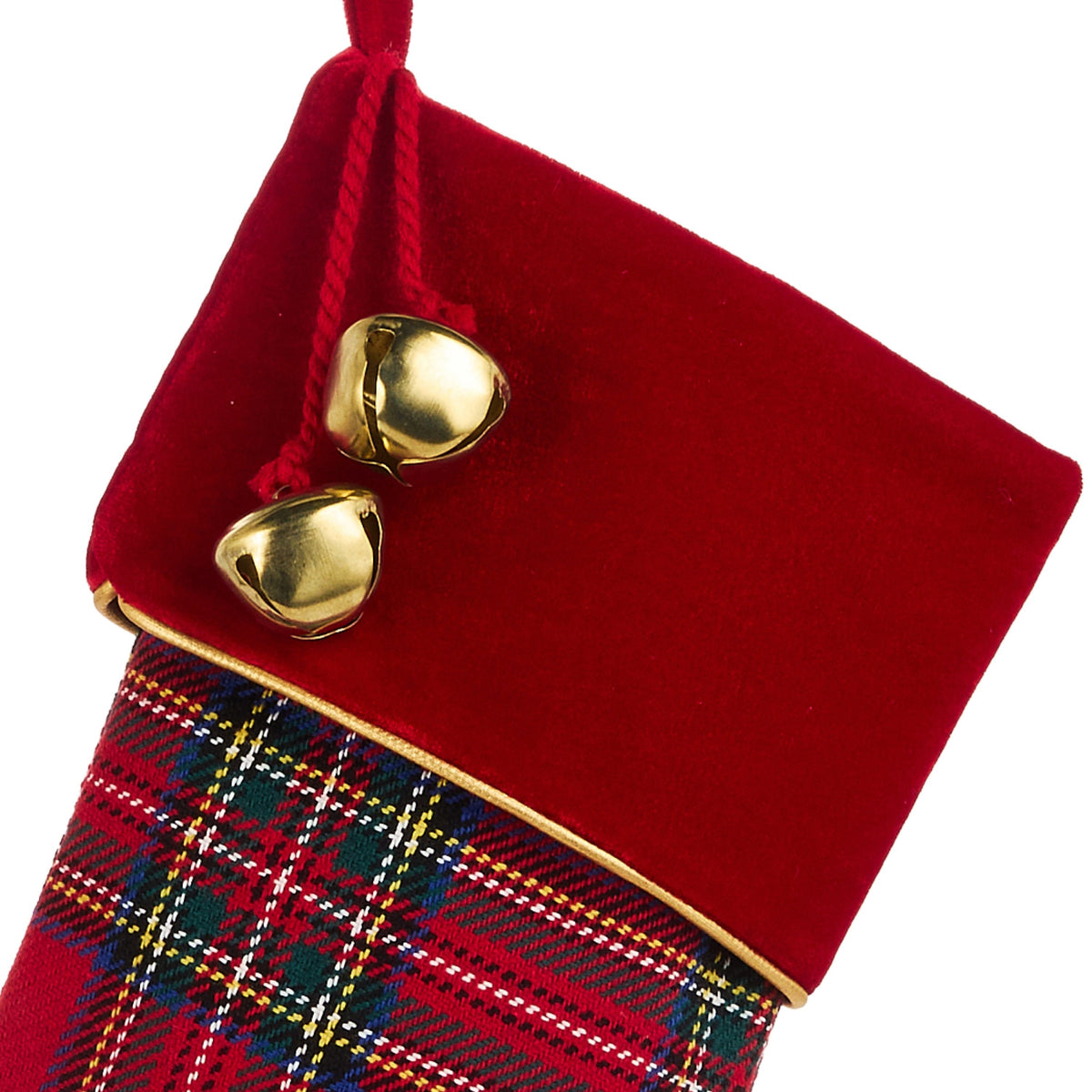 Red tartan plaid Christmas stocking with velvet cuff, gold piping, and two jingle bells