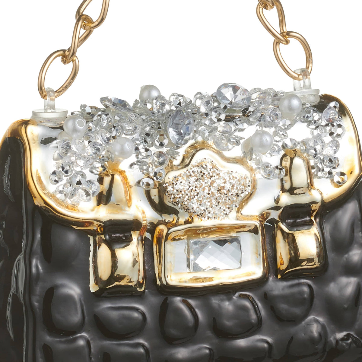 Quilted black purse ornament with gold chain, crystal beads, pearls, and jeweled clasp detail