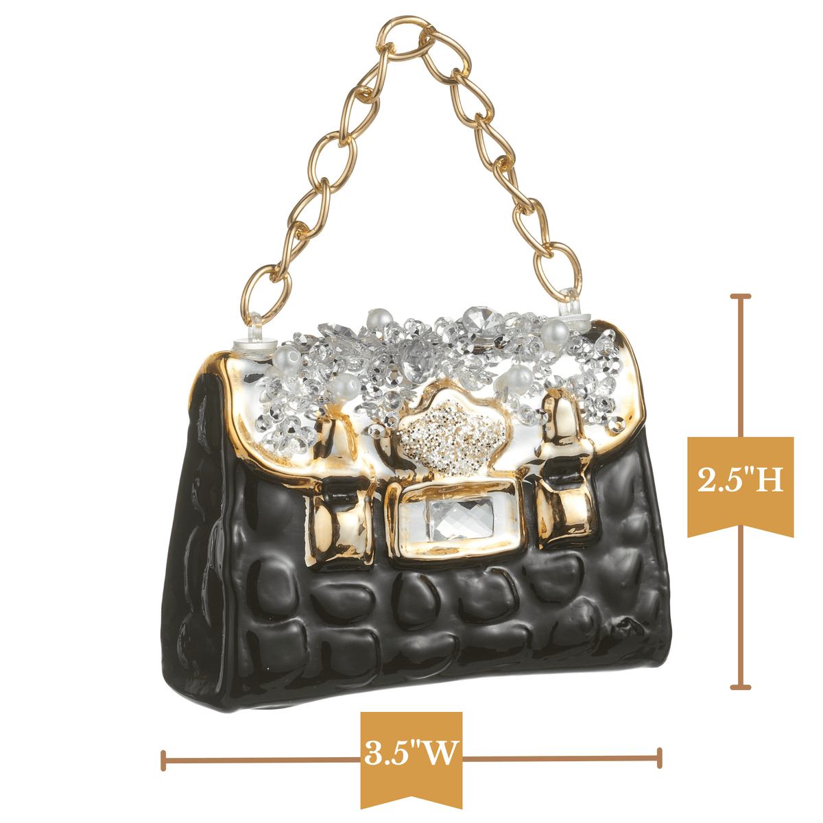 Quilted black purse ornament with gold chain handle and crystal jewel embellishments, front view