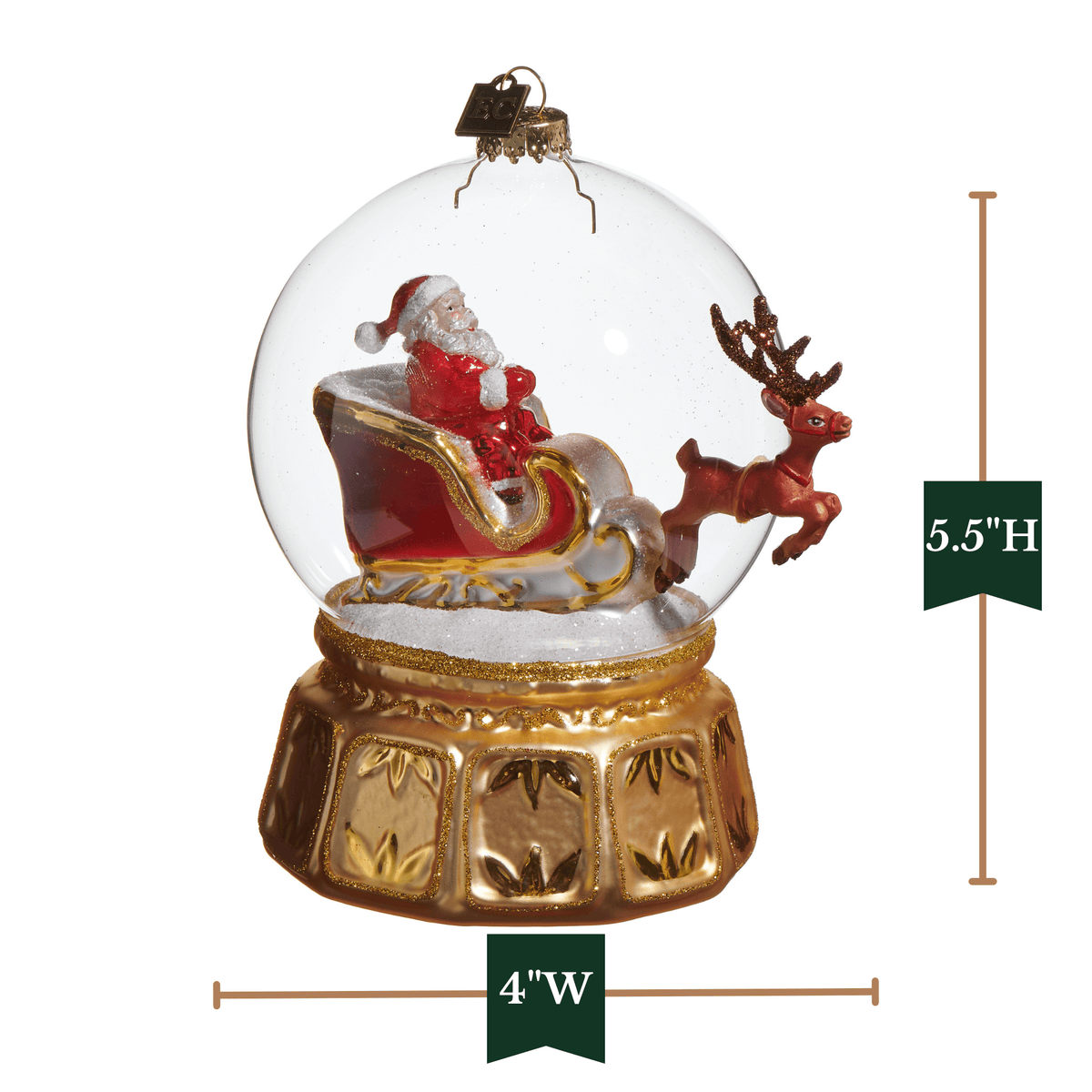 Glass snow globe ornament with Santa in golden sleigh and reindeer, ornate gold base, 5.5H x 4W inches