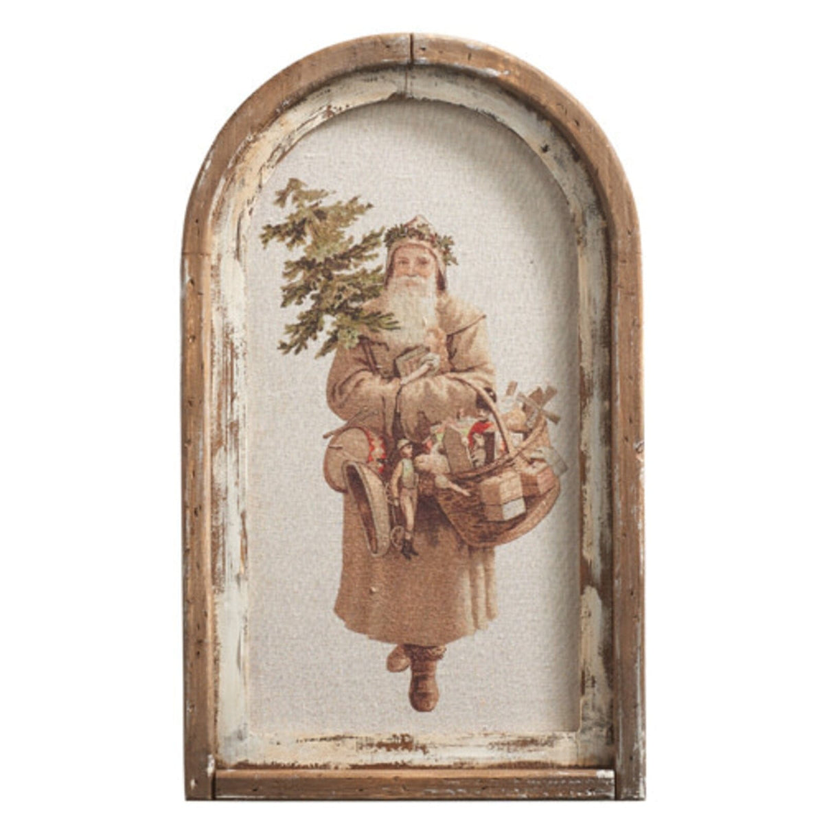 Arched distressed wood framed print featuring vintage Old World Santa carrying toys and a Christmas tree
