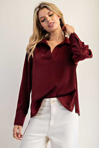 Solid Notched Collar Long Sleeve Blouse