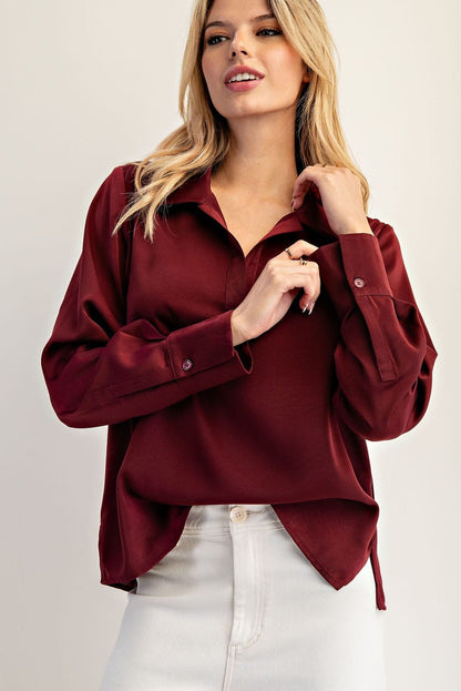 Solid Notched Collar Long Sleeve Blouse