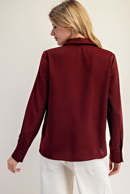 Solid Notched Collar Long Sleeve Blouse