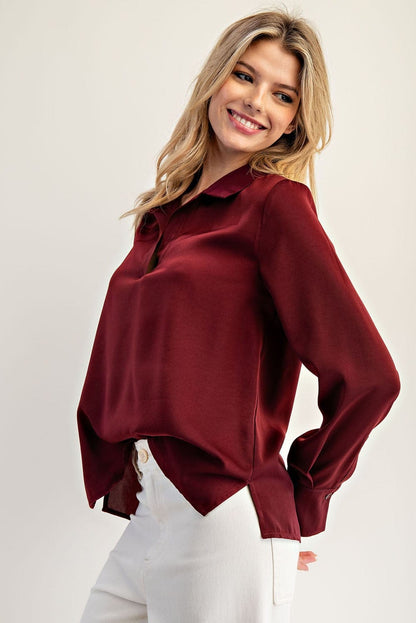 Solid Notched Collar Long Sleeve Blouse