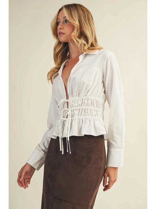 Elastic Waist Tie Closure Shirt Top