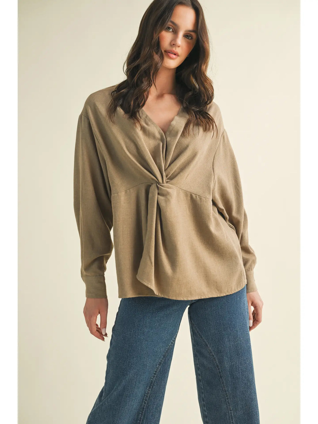 V Neck Twist Top - Dark Taupe