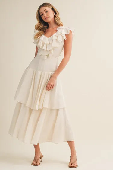 V-Neck Ruffle Cascade Tiered Dress