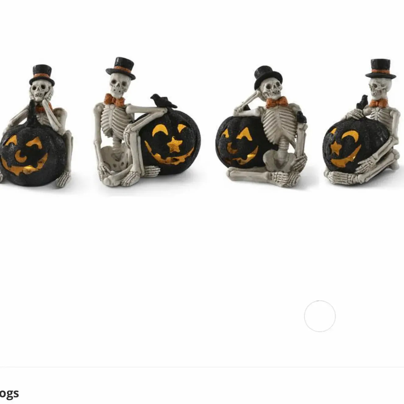 Four skeleton figurines in top hats seated with glowing black jack-o-lanterns and crow accents