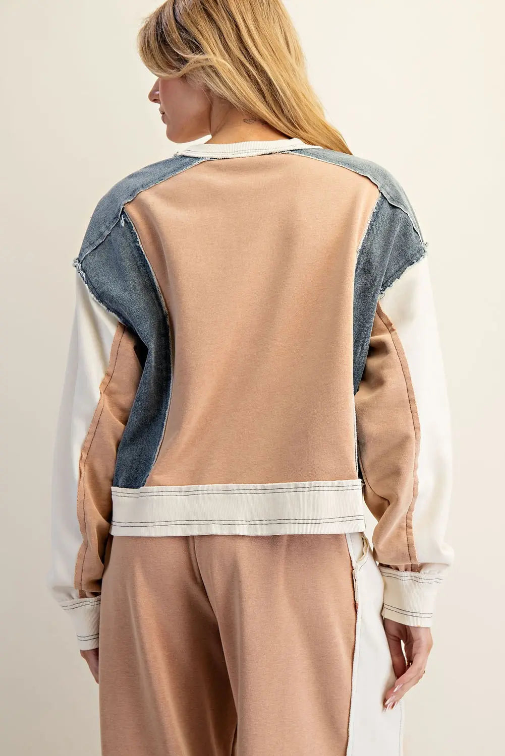 Frayed Color Block Long Sleeve Pullover