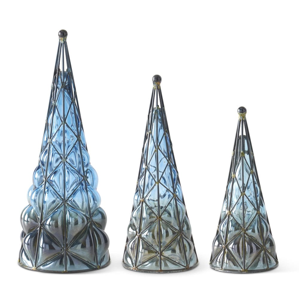Set of three graduated blue blown glass cone-shaped Christmas trees in black metal diamond lattice frames