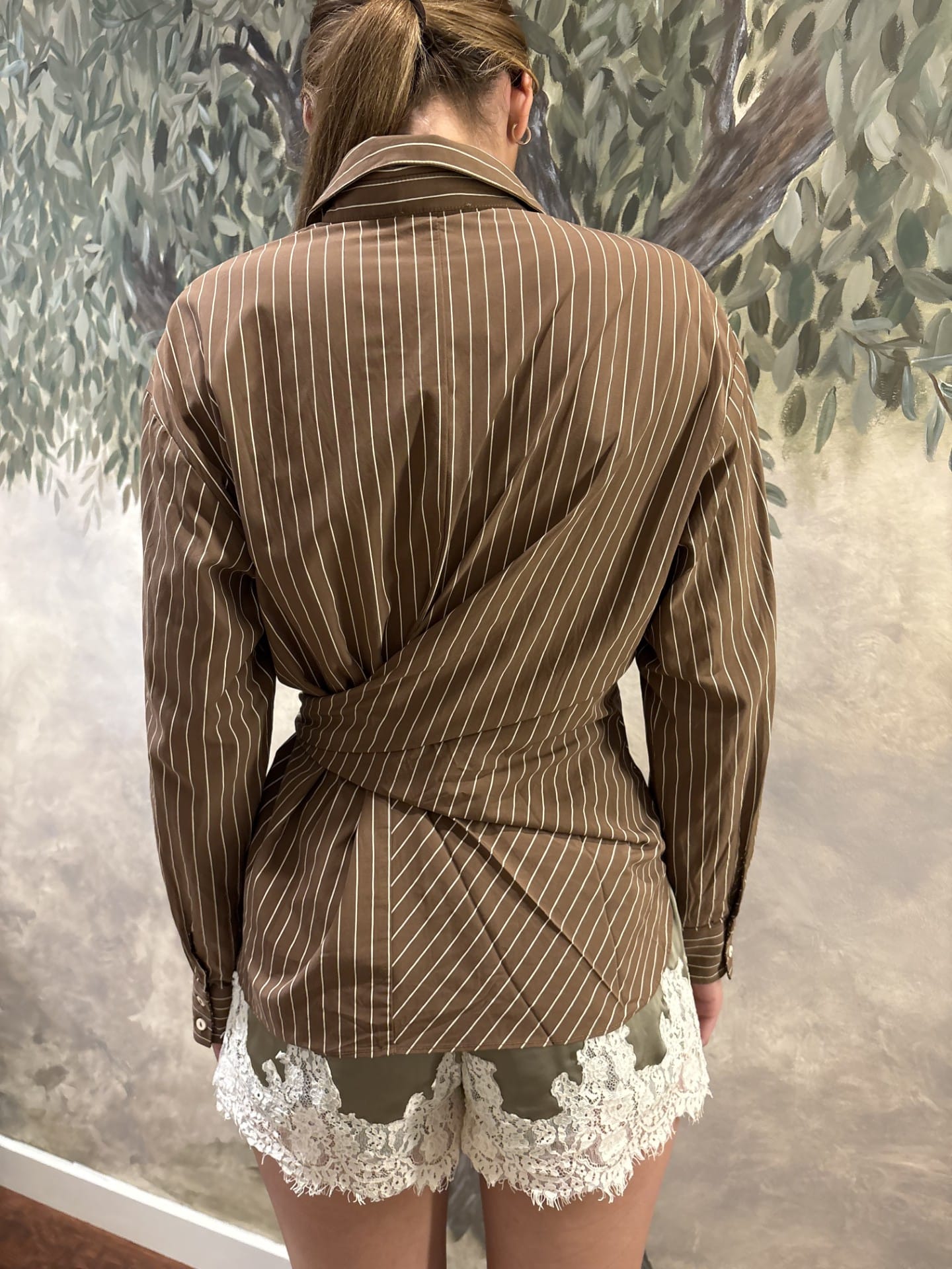 Tie Waist Front Pinstriped Blouse