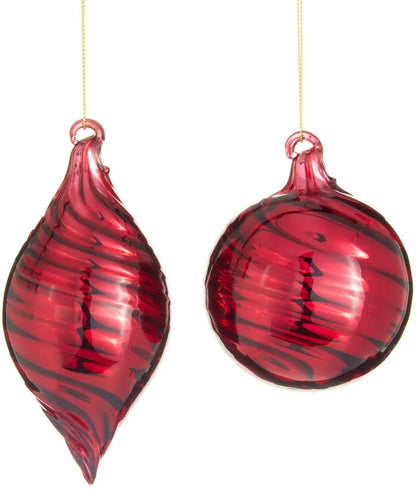 Raz dark red swirl glass ornaments, round ball and teardrop finial shapes, gold cord
