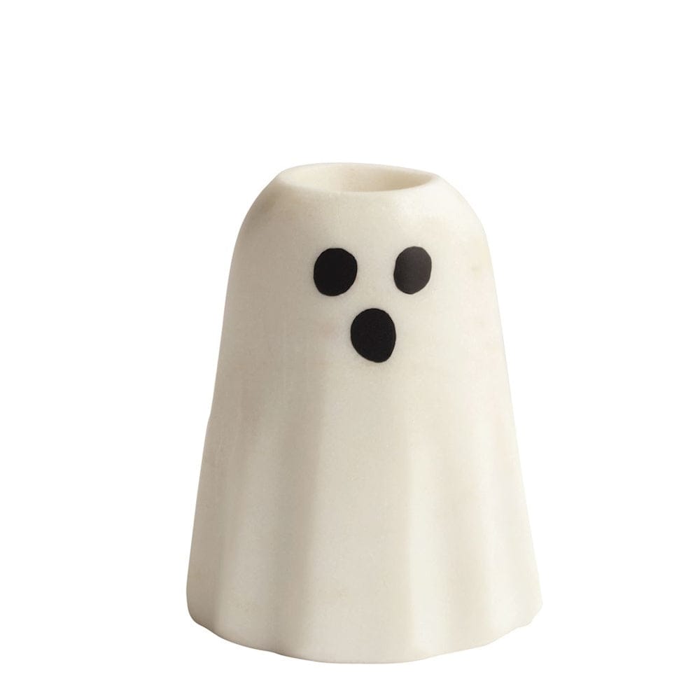White marble ghost-shaped taper candle holder with black dot eyes and mouth, front view