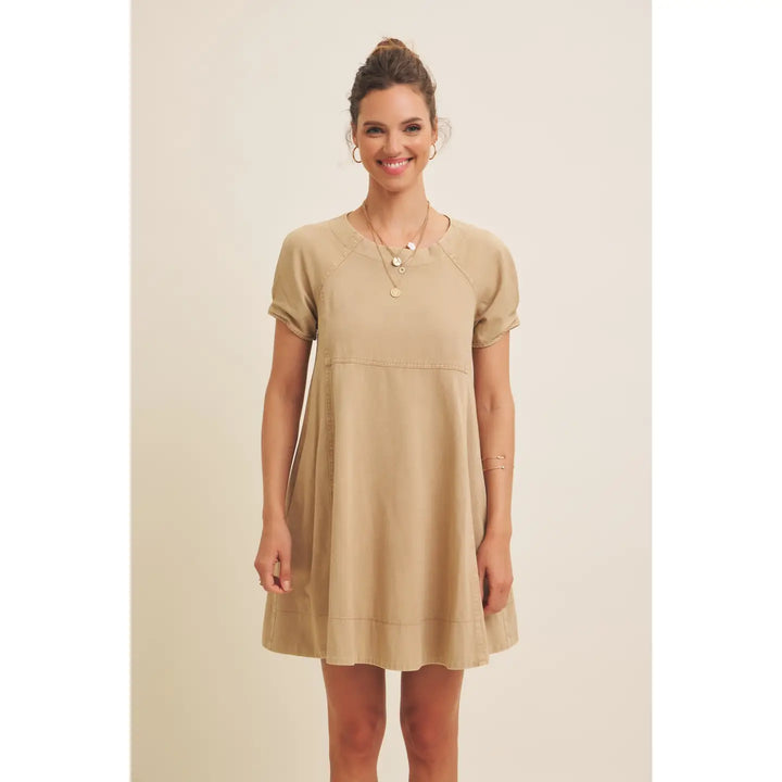 Twill Mini Dress with Mineral Washed Effect and Puff Sleeves