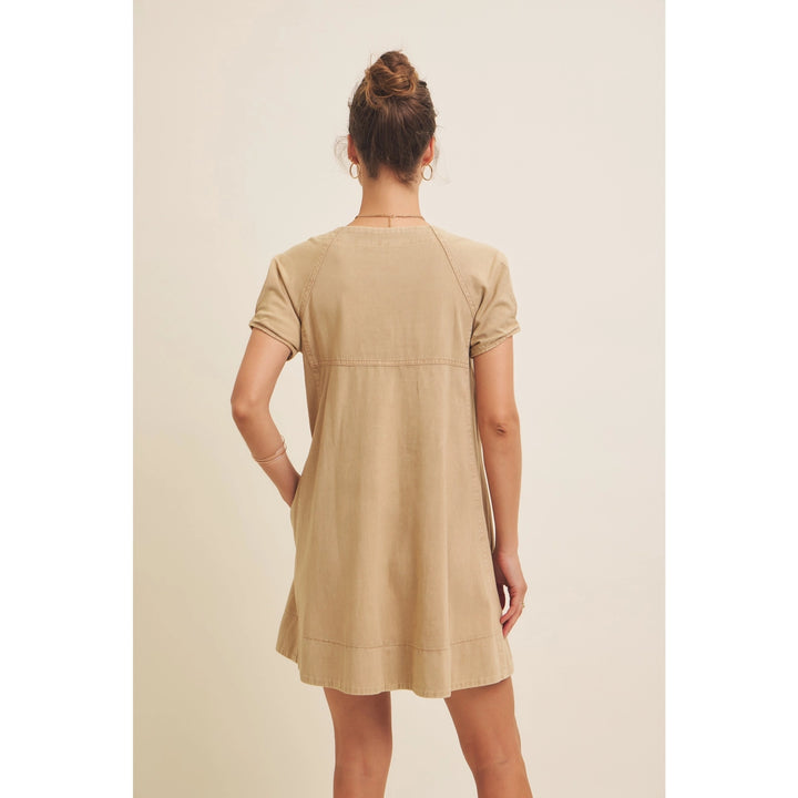 Twill Mini Dress with Mineral Washed Effect and Puff Sleeves