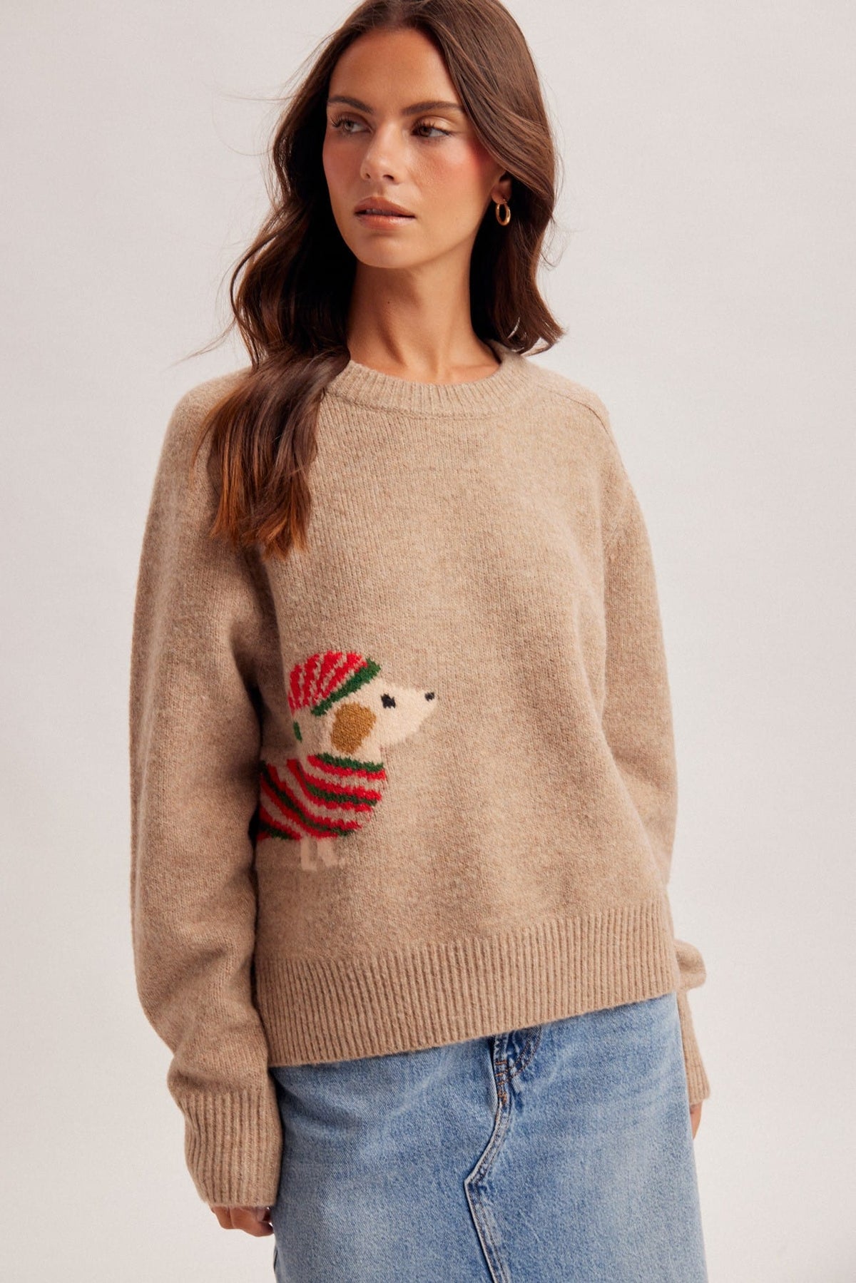 Hem & Thread beige knit sweater with festive hedgehog intarsia graphic