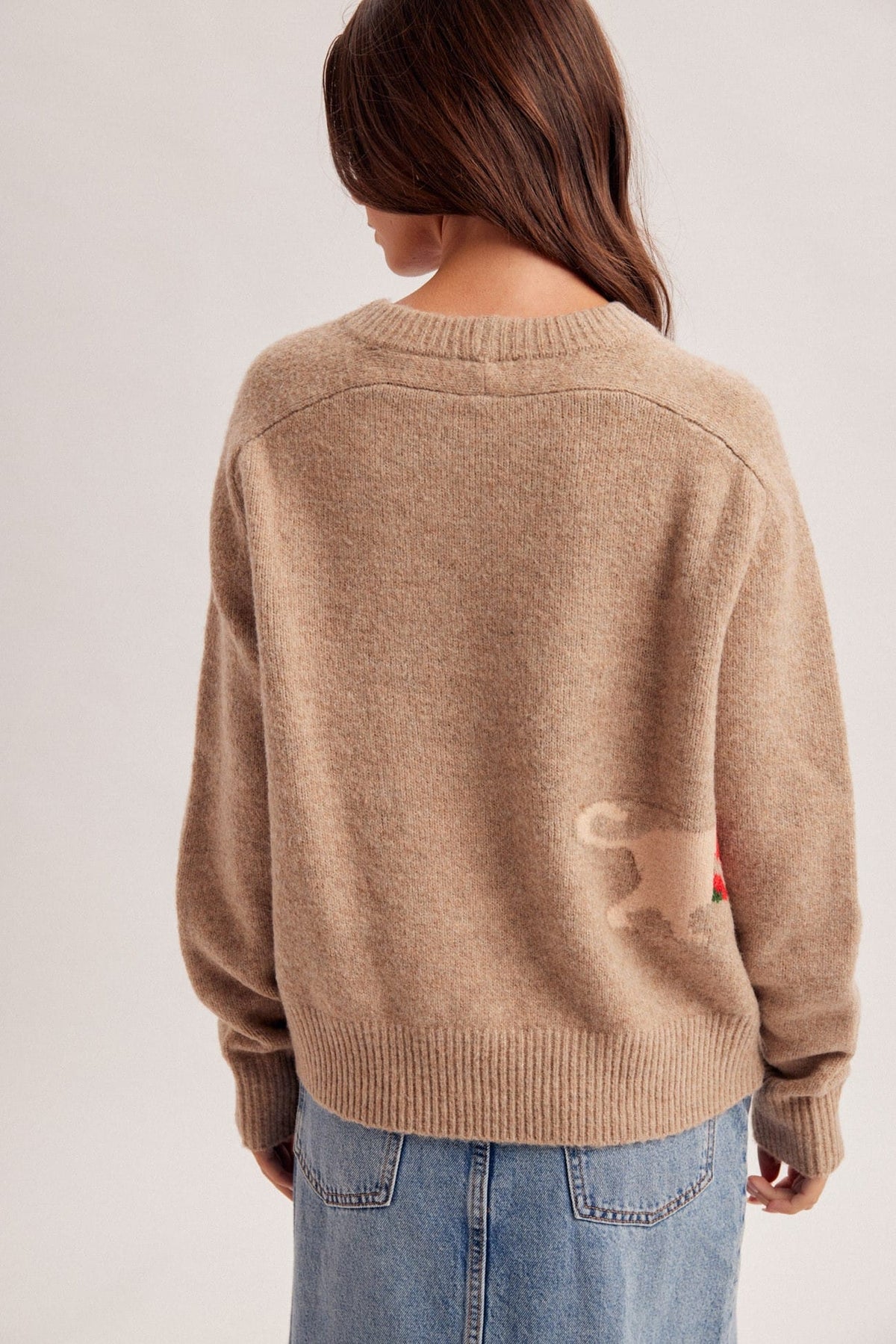 Hem & Thread tan knit Christmas dog sweater, back view, with subtle graphic detail