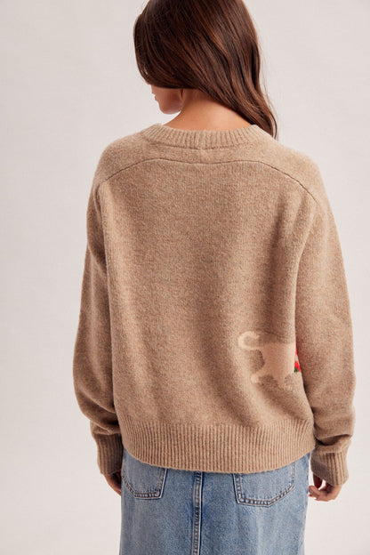Hem & Thread tan knit Christmas dog sweater, back view, with subtle graphic detail